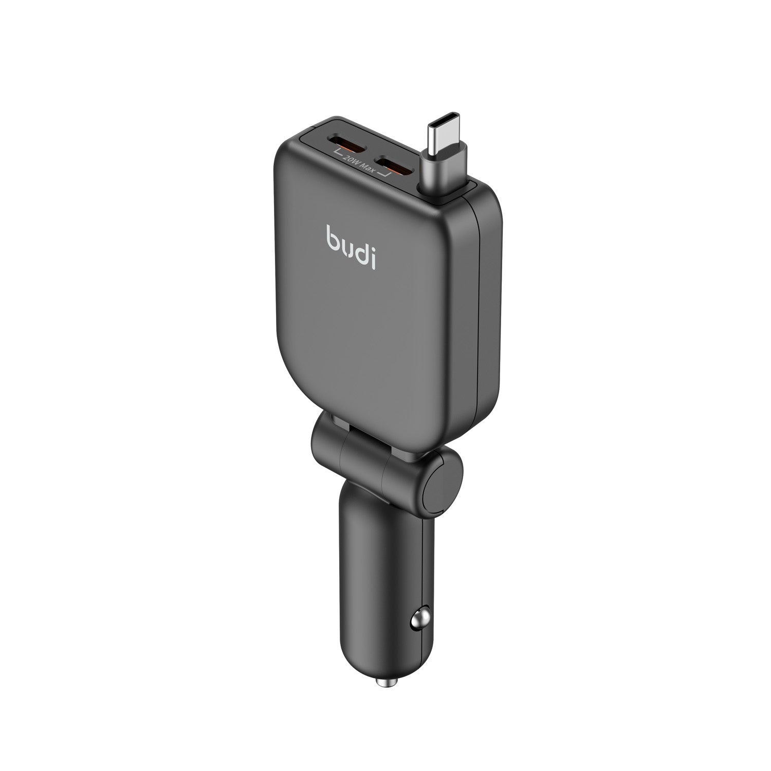50W PD 2-Port USB-C Car Charger with Built-in 0.72m Retractable USB-C Cable | Fire-Resistant PC Shell