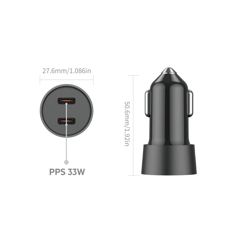 33W PD/PPS 2-Port Dual USB-C Mini Car Charger | Fire-Resistant PC Shell