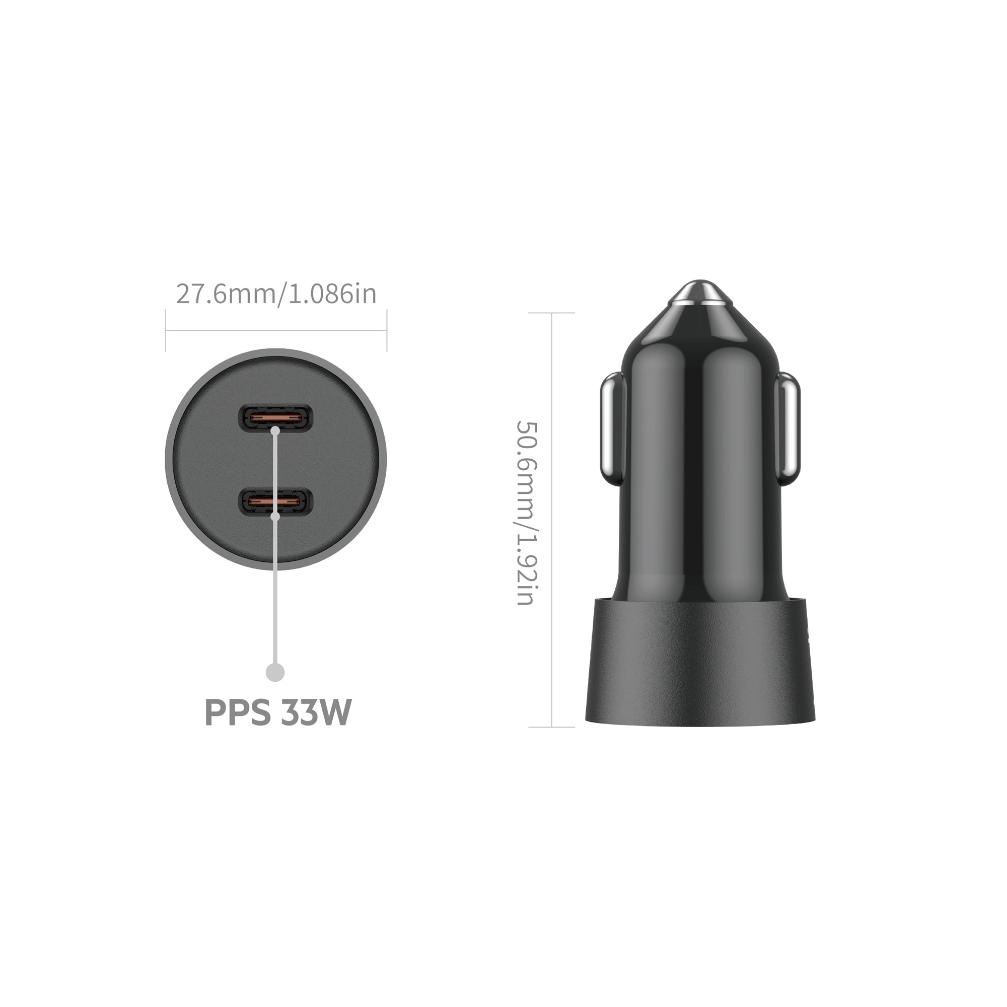33W PD/PPS 2-Port USB-C Mini Car Charger with 27W USB-C to Lightning Cable | Fire-Resistant PC Shell