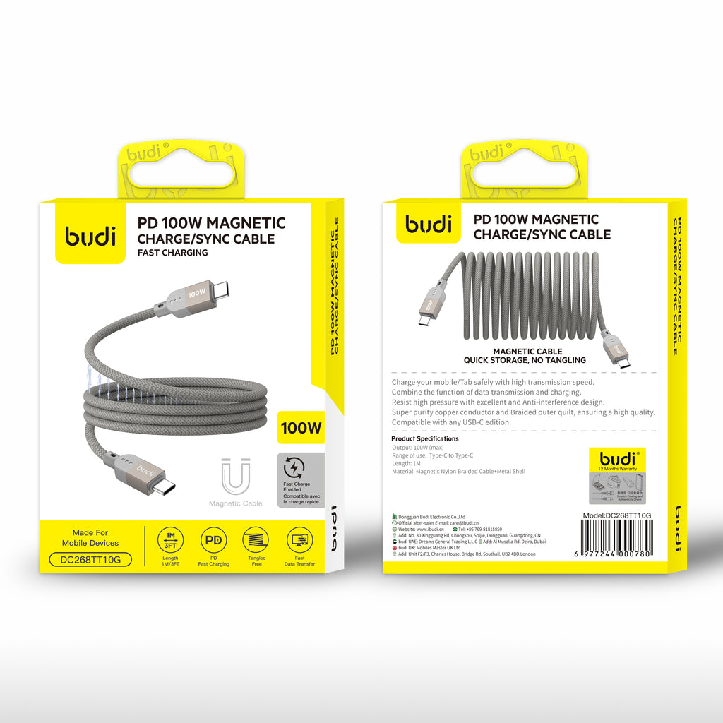 Magnetic 100W USB-C to USB-C Fast Charging Cable 1m | Pure Copper Core | Nylon Braided | Aluminum Alloy Shell