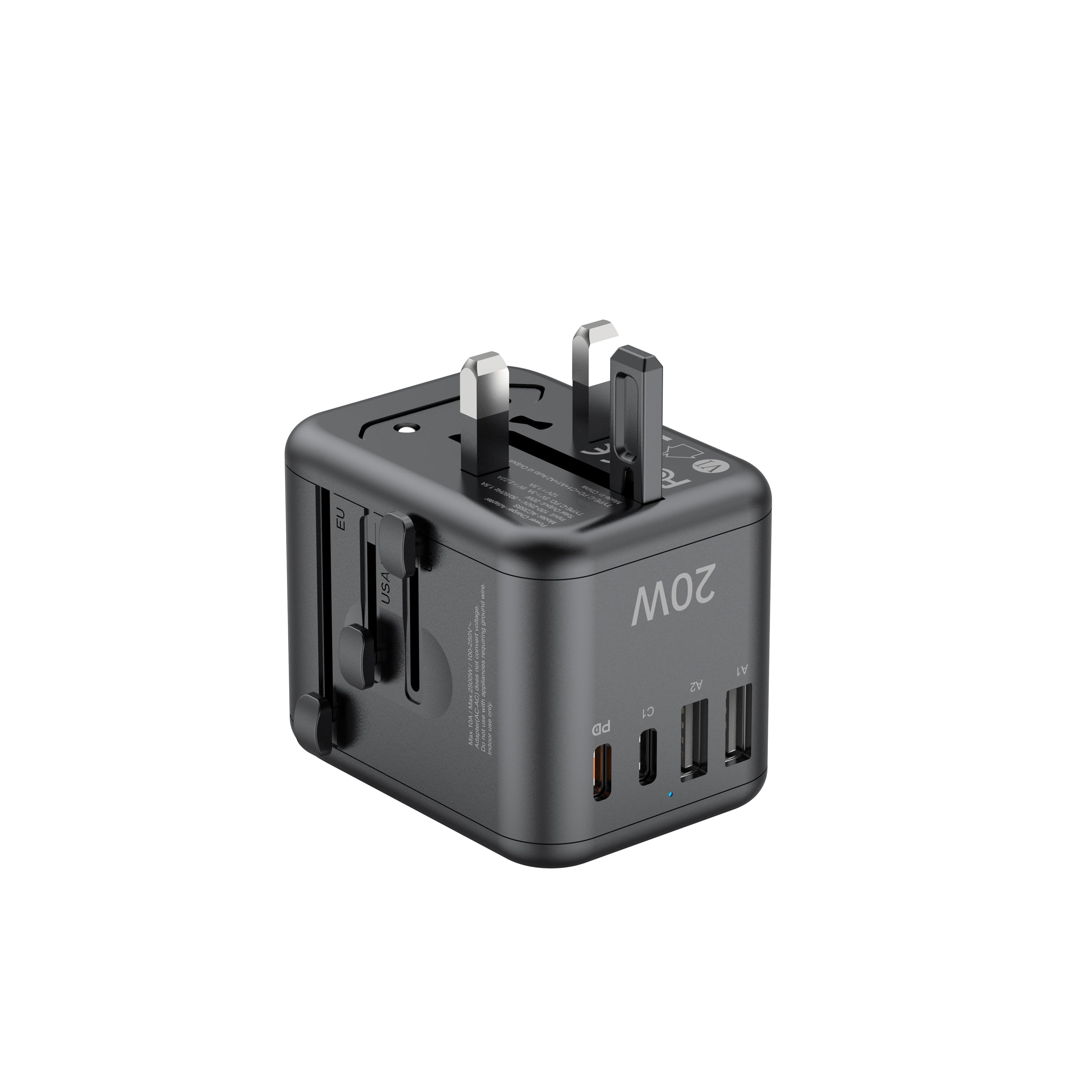 20W PD 4-Port USB Wall Charger (2x USB-C + 2x USB-A) | 4 Interchangeable Plugs (UK/EU/AU/US)