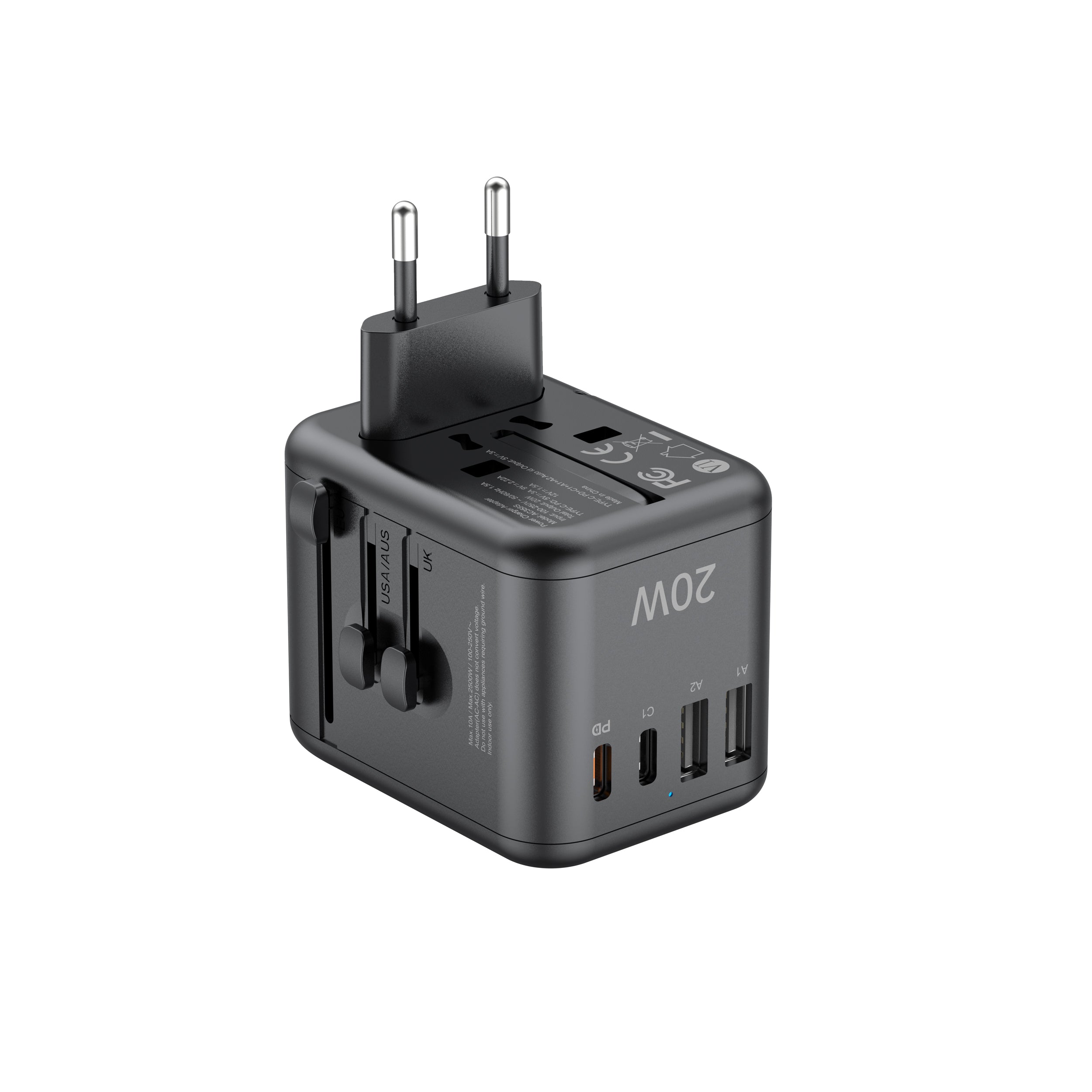 20W PD 4-Port USB Wall Charger (2x USB-C + 2x USB-A) | 4 Interchangeable Plugs (UK/EU/AU/US)